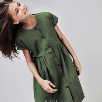 سارافون جیب دار لینن سبز ارتشی