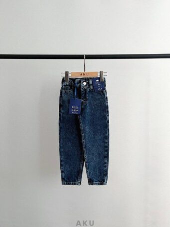 شلوار مام فیت جین کمر دکمه دار سرمه ای