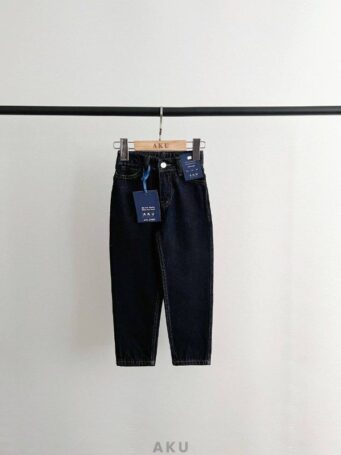 شلوار مام فیت جین کمر دکمه دار سرمه ای تیره